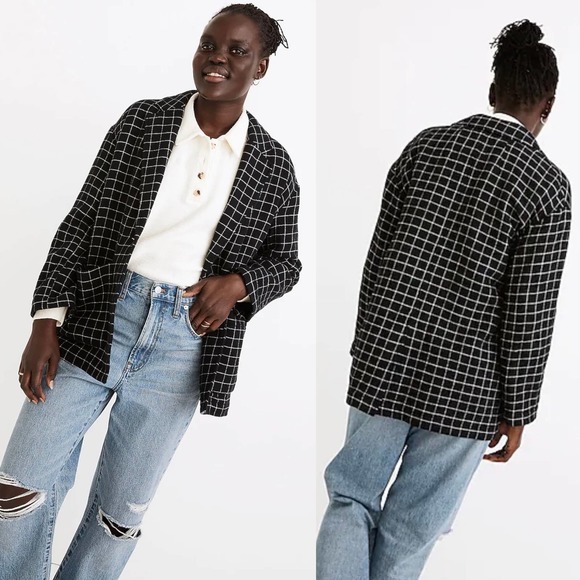 Madewell Waffleback Shaw Blazer In Windowpane Black White Size XXS New - Picture 2 of 16